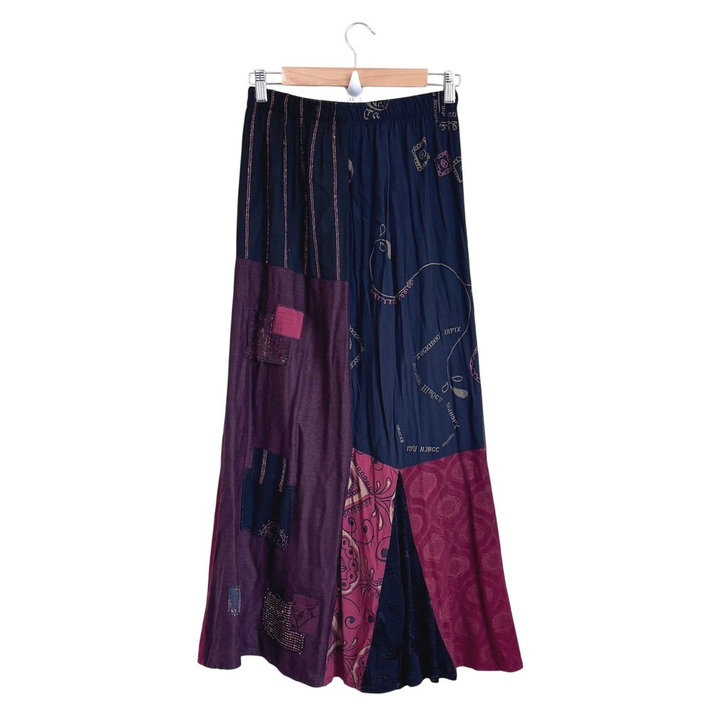 Donna Jessica Boho Patchwork Maxi Skirt 1 (S/M) Burgundy Art To Wear Lagenlook